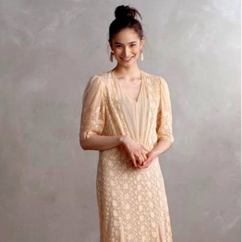 ANTHROPOLOGIE 1-OF-KIND RARE KOROVILAS  "INESSA" 1930'S BIAS PEACH GOWN